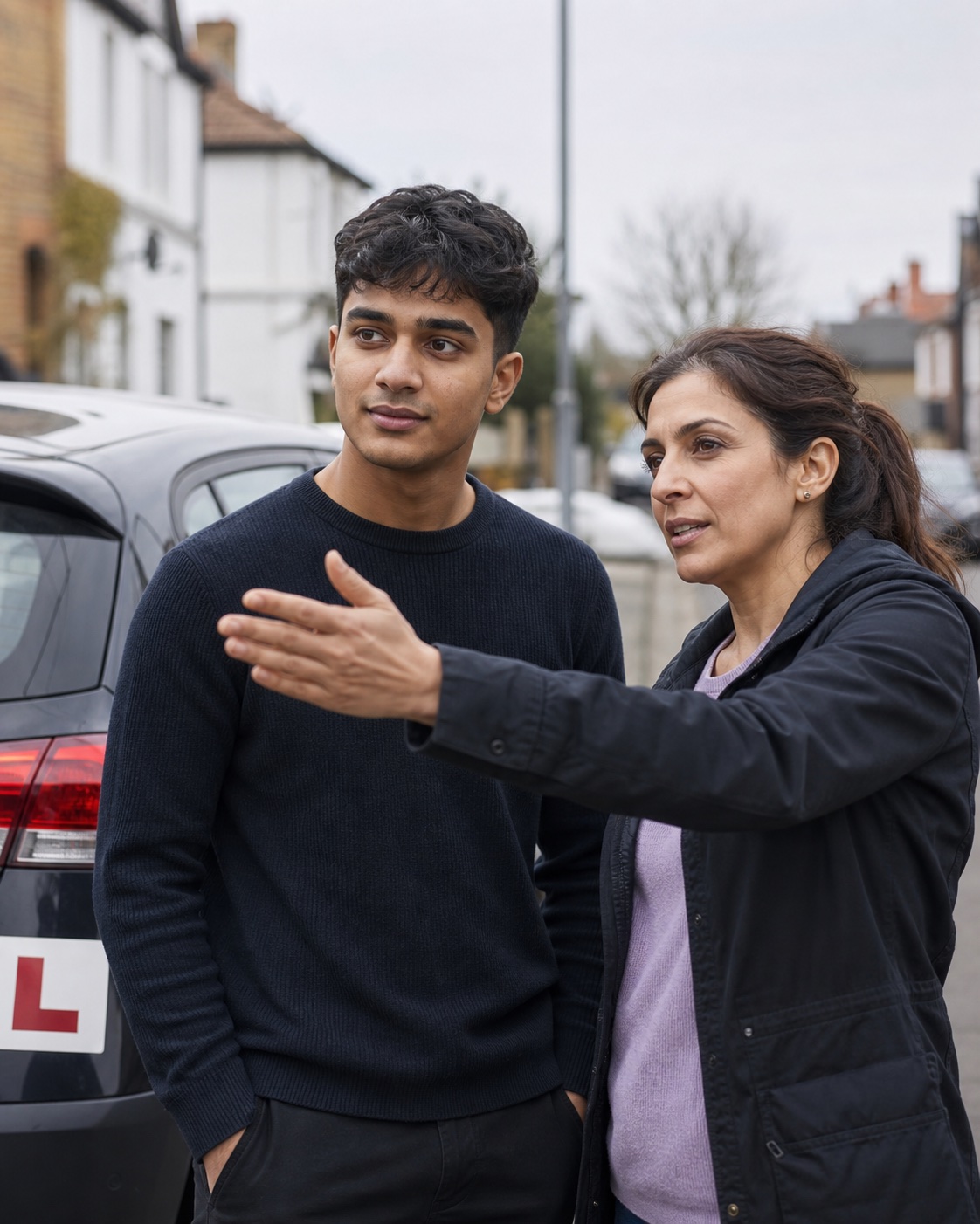 A learner and supervising adult preparing for private driving practice in a parked car